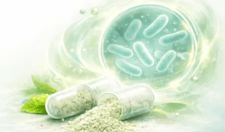 Probiotic capsule and powder with gut microbiome illustration for digestion and metabolic health support