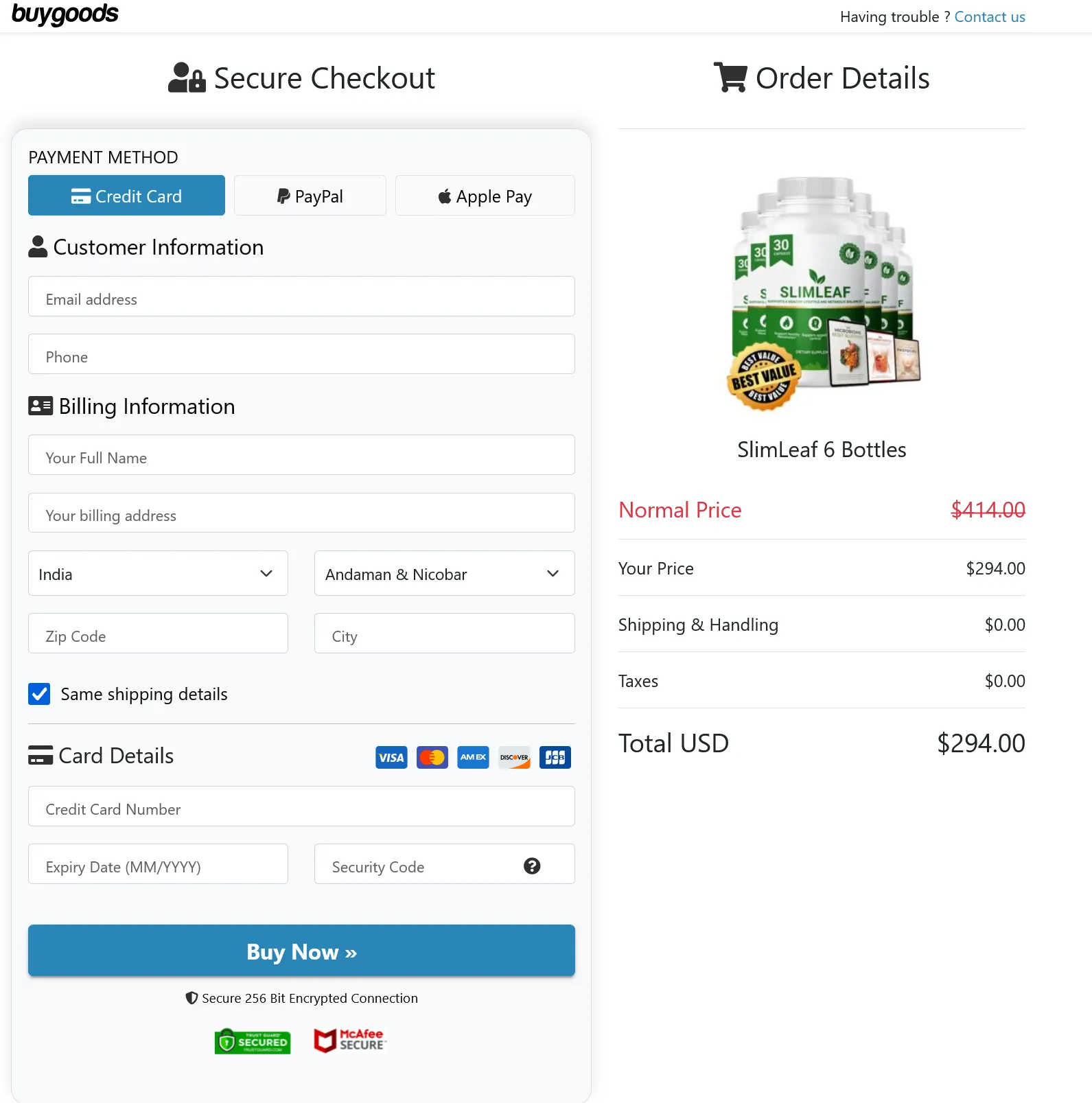 SlimLeaf 6 Bottle Bundle Secure Checkout Page with Discounted Price and Free Shipping