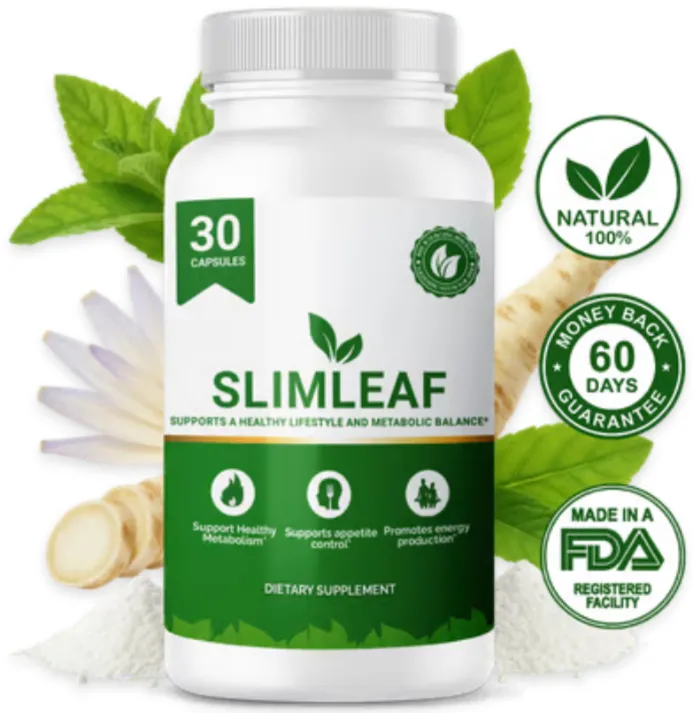 SlimLeaf supplement bottle with natural ingredients, metabolism support, appetite control and 60 day guarantee badges