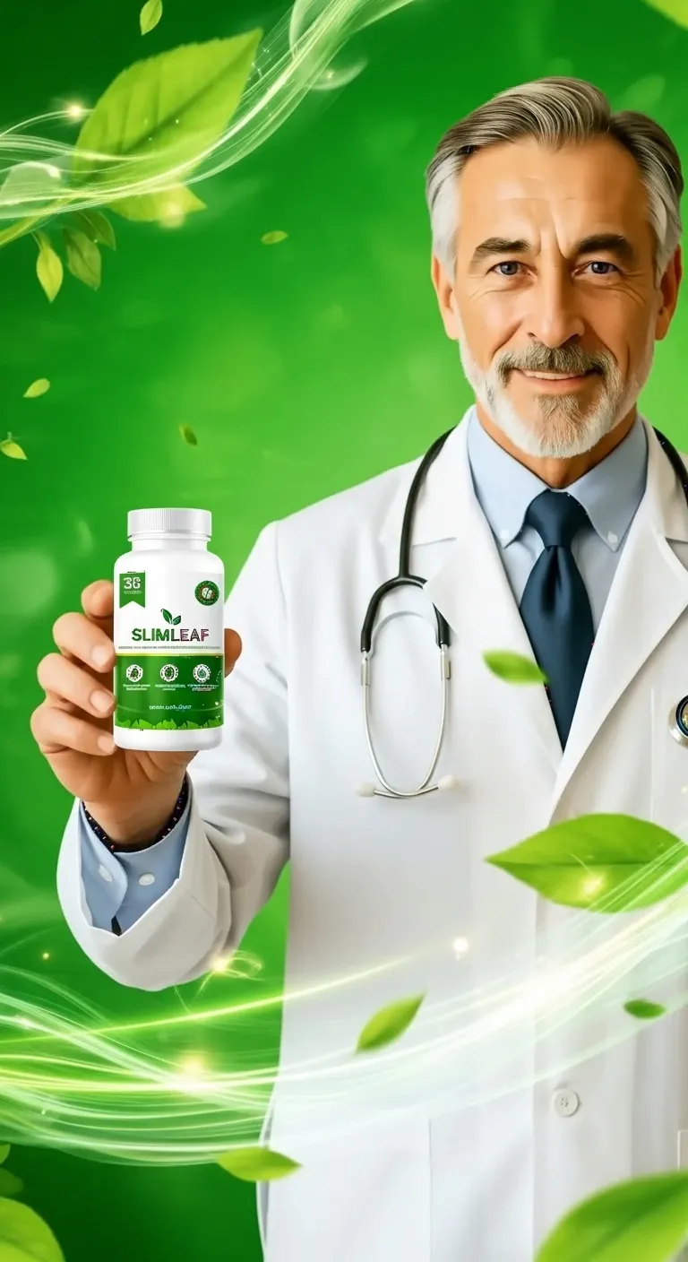 Doctor holding SlimLeaf supplement bottle for gut health, digestion, metabolism support and natural energy